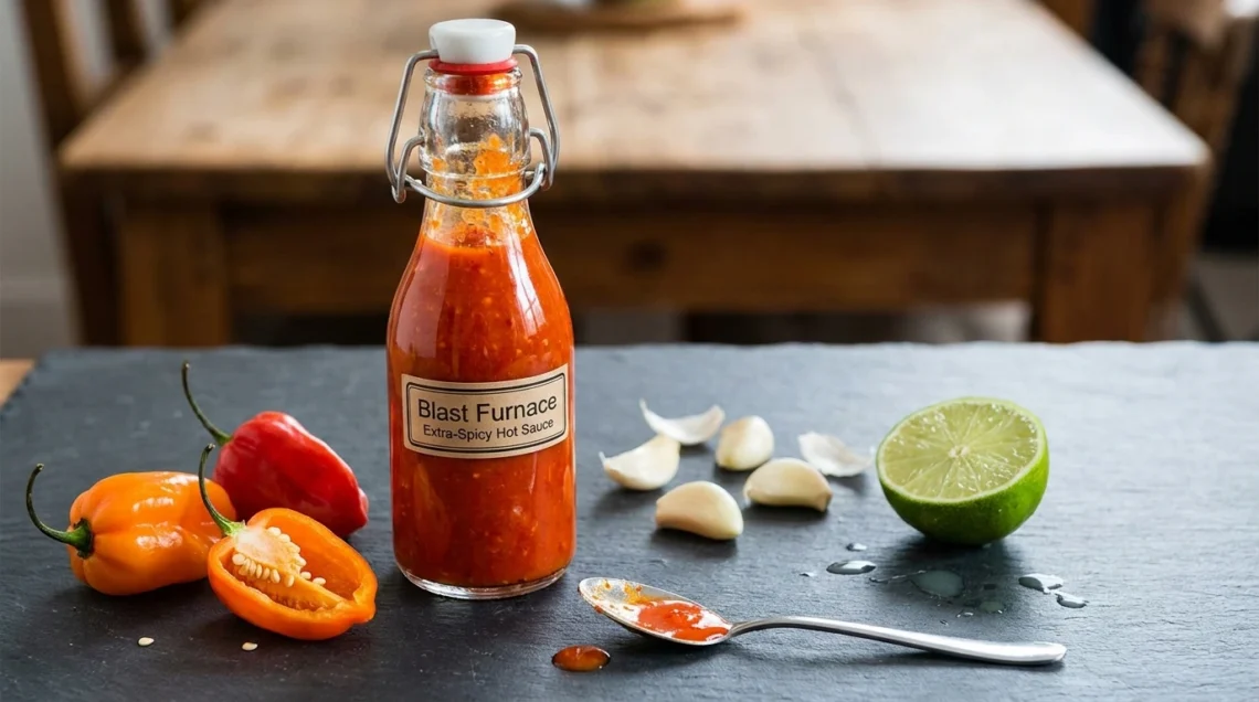 homemade extra spicy hot sauce in a glass bottle with roasted peppers and garlic