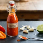 homemade extra spicy hot sauce in a glass bottle with roasted peppers and garlic