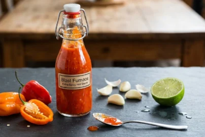 homemade extra spicy hot sauce in a glass bottle with roasted peppers and garlic