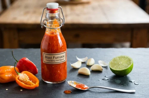 homemade extra spicy hot sauce in a glass bottle with roasted peppers and garlic