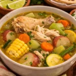 bowl of caldo de pollo with chicken, corn, potatoes, carrots, zucchini and clear broth with lime on the side