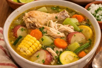 bowl of caldo de pollo with chicken, corn, potatoes, carrots, zucchini and clear broth with lime on the side