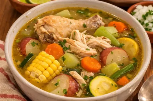 bowl of caldo de pollo with chicken, corn, potatoes, carrots, zucchini and clear broth with lime on the side