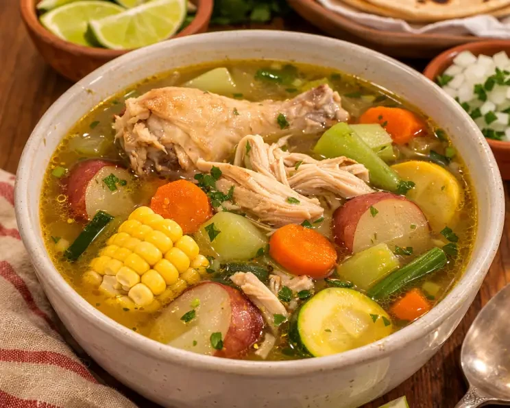 bowl of caldo de pollo with chicken, corn, potatoes, carrots, zucchini and clear broth with lime on the side
