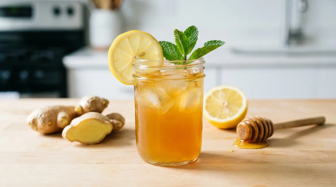 Special miracle tonic in a small glass with lemon slices and fresh grated ginger