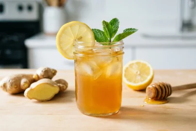 Special miracle tonic in a small glass with lemon slices and fresh grated ginger