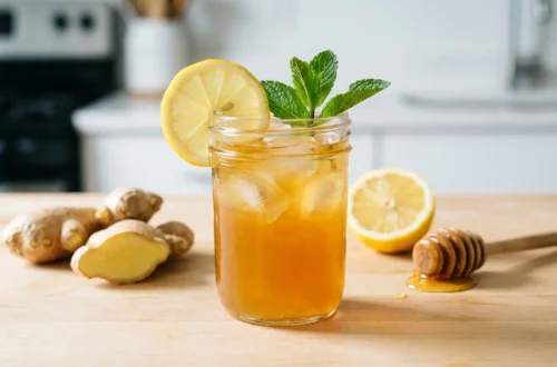Special miracle tonic in a small glass with lemon slices and fresh grated ginger