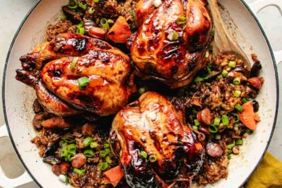 roasted Cornish hens with glossy browned skin in a large skillet with stuffing and green onions