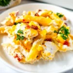 creamy crack chicken with melted cheddar and bacon served in a white dish