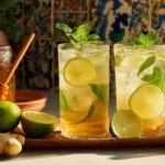 two iced lemon ginger drinks with mint and lime slices on a wooden board with honey and ginger nearby