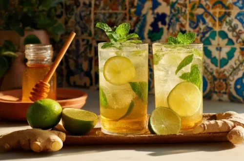 two iced lemon ginger drinks with mint and lime slices on a wooden board with honey and ginger nearby