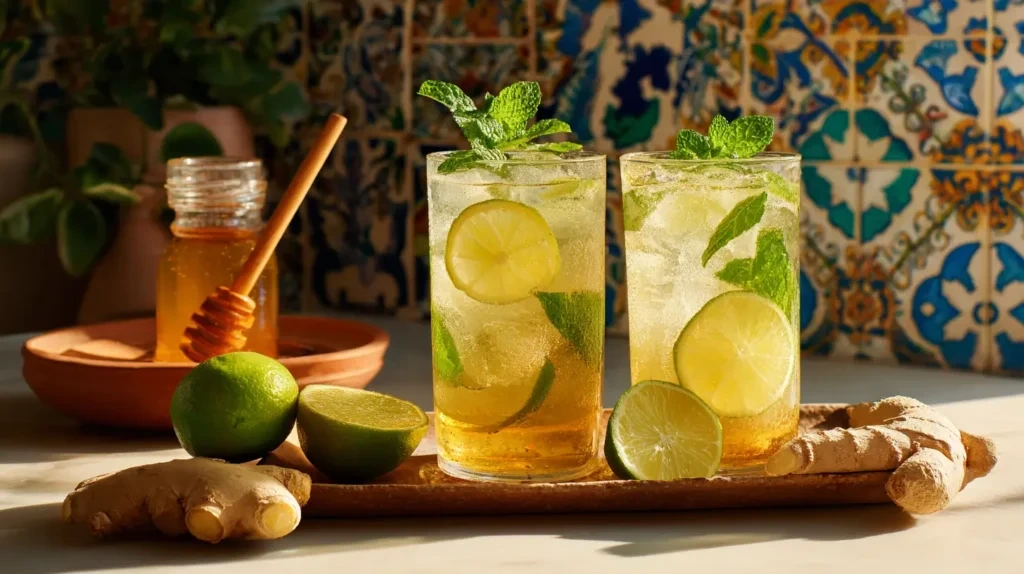 two iced lemon ginger drinks with mint and lime slices on a wooden board with honey and ginger nearby