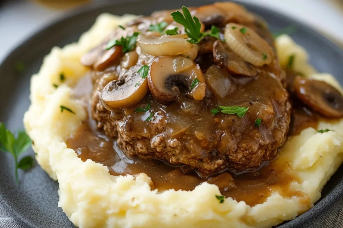 hamburger steak patty with mushroom onion gravy served over mashed potatoes