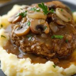 hamburger steak patty with mushroom onion gravy served over mashed potatoes