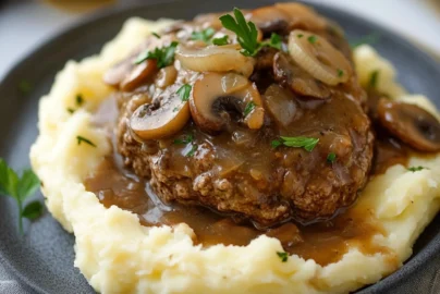 hamburger steak patty with mushroom onion gravy served over mashed potatoes