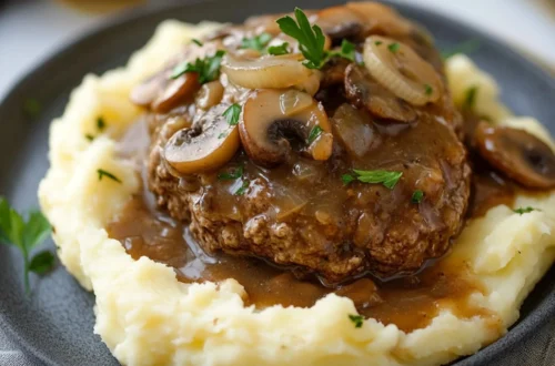 hamburger steak patty with mushroom onion gravy served over mashed potatoes