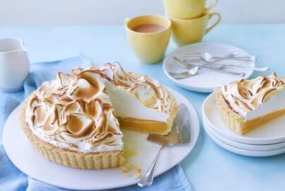 toasted meringue topped lemon pie with a slice served on a plate