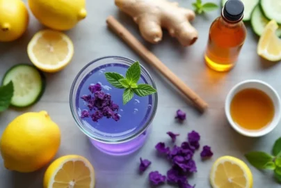 purple wellness drink in a glass with mint, surrounded by lemon, ginger, cinnamon stick, honey, and cucumber slices
