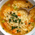 bowl of pastina soup with tiny pasta, carrots, celery and herbs in a clear broth with a spoon