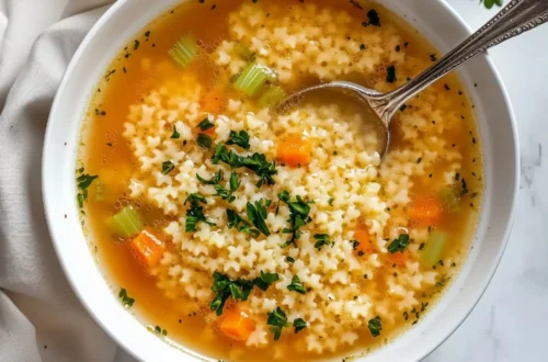 bowl of pastina soup with tiny pasta, carrots, celery and herbs in a clear broth with a spoon
