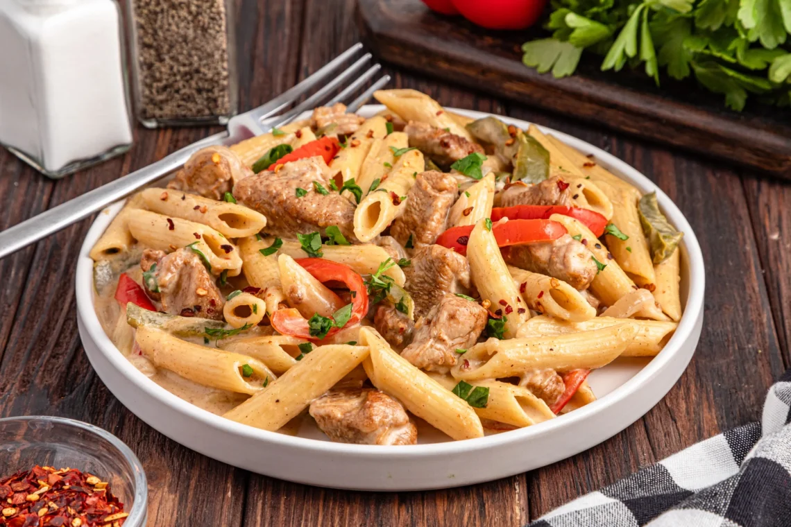 creamy rasta pasta with penne, chicken pieces, bell peppers, herbs and red pepper flakes